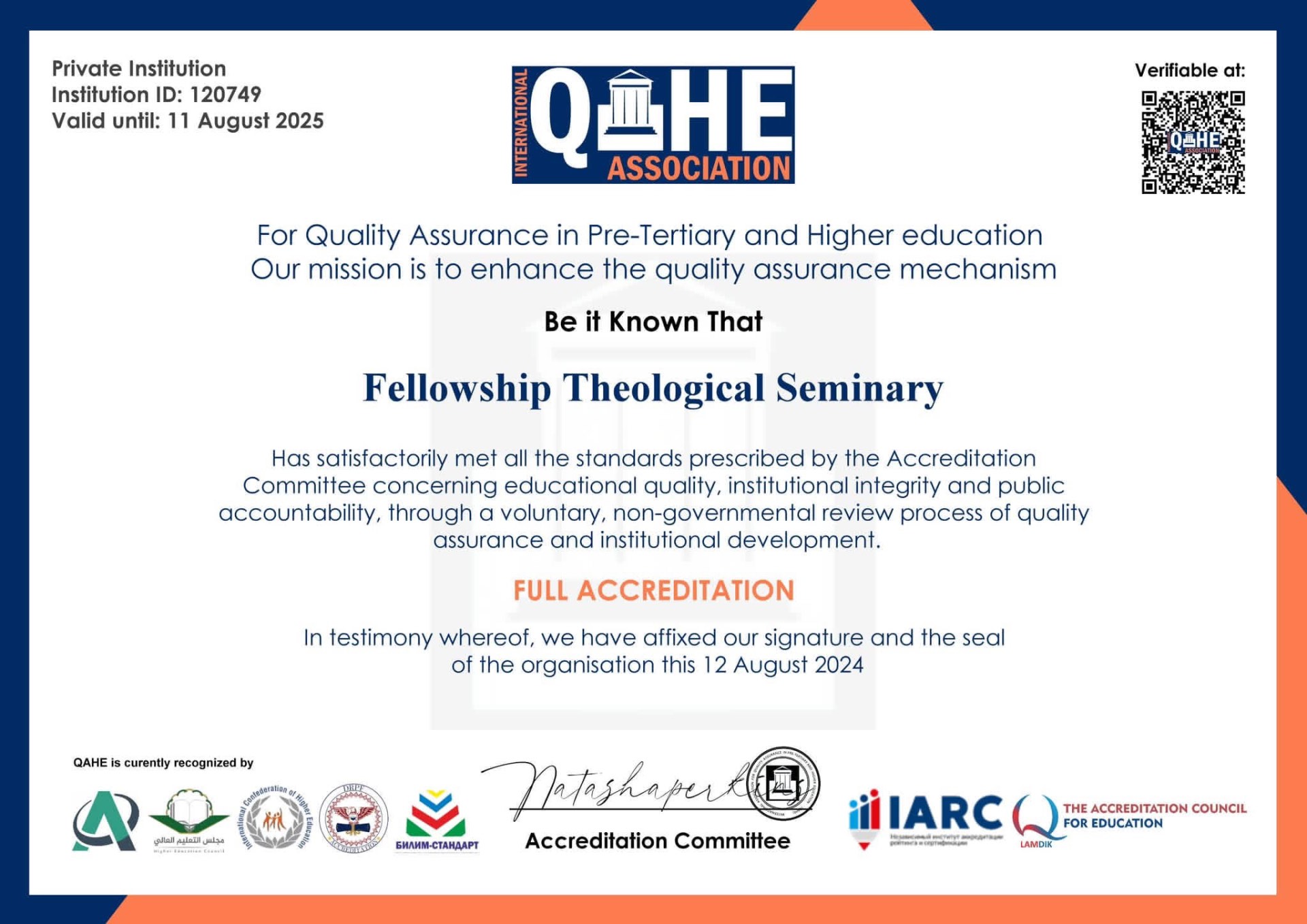 QAHE full accreditation certificate awarded to Fellowship Theological Seminary