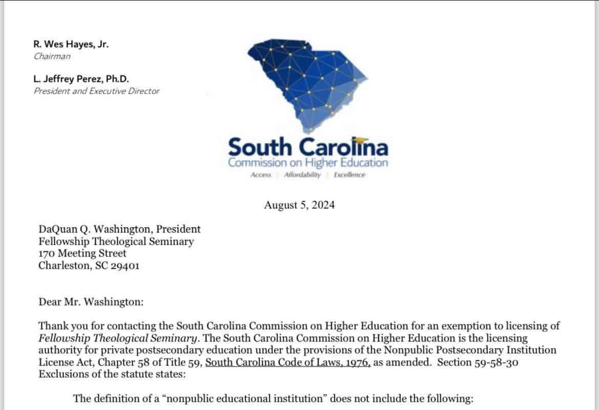 Letter from the South Carolina Commission on Higher Education regarding Fellowship Theological Seminary