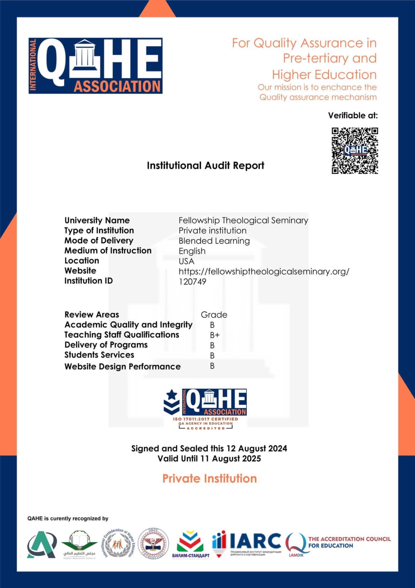 QAHE institutional audit report for Fellowship Theological Seminary